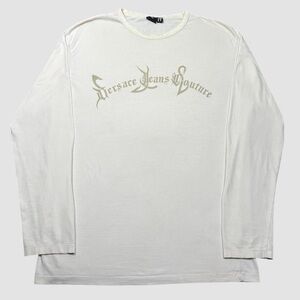 Vintage 90s Versace Jeans Couture Gothic Spellout Logo Long Sleeve Shirt Cream
